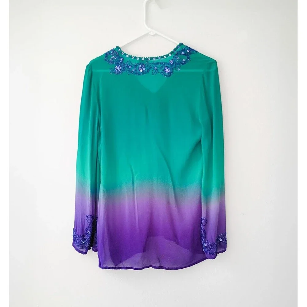 ITSU Silk Beaded Tunic Top – Ombré Teal Purple Womens Size 6 - Picture 6 of 8